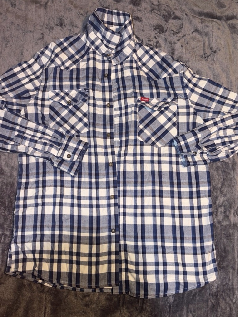 Wrangler Blue and White Plaid Button-Down Shirt